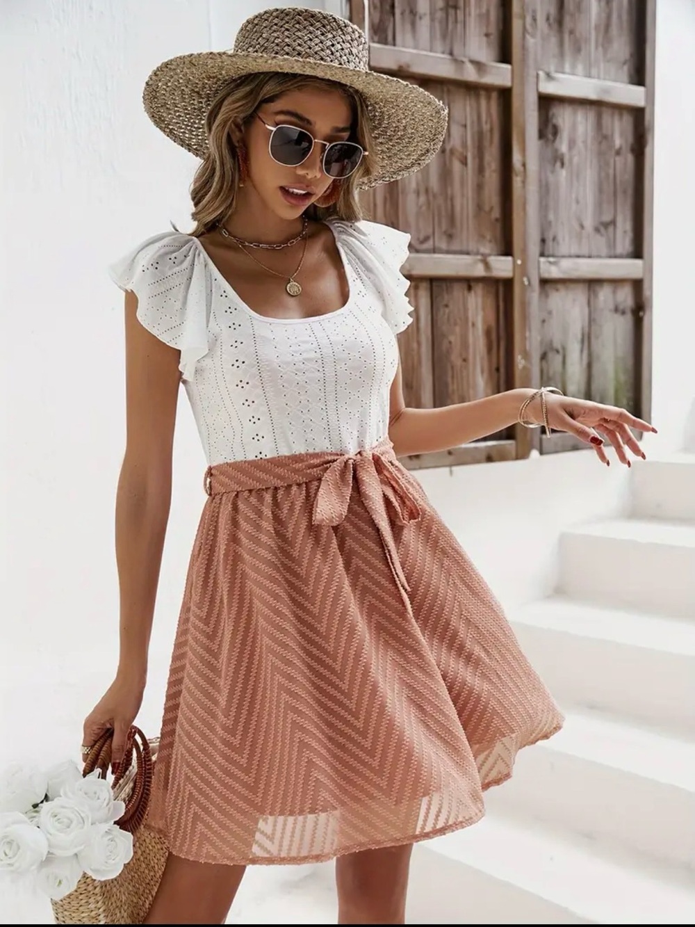 White Eyelet Ruffle Sleeve Dress with Rust Chevron Skirt